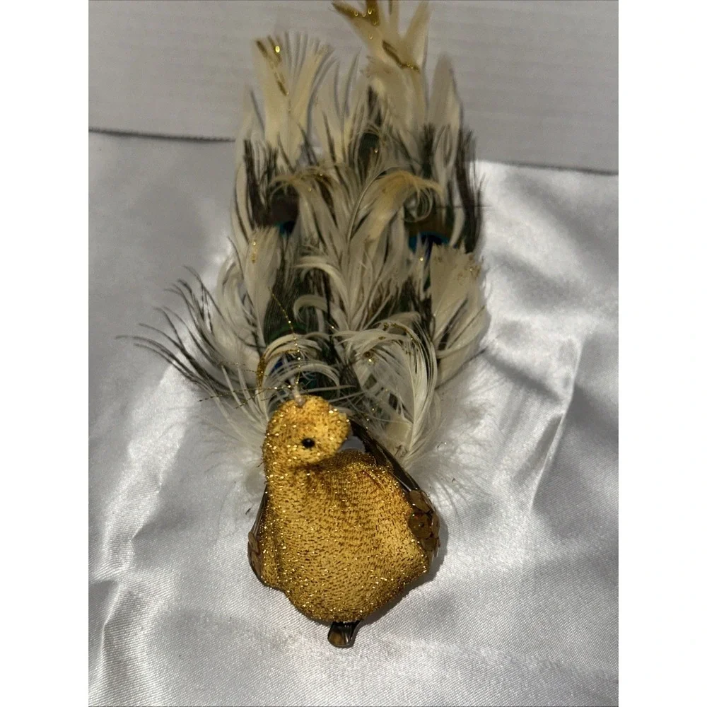 Vtg Pier One Gold Peacock Clip On Ornament Embellished Feathered Vintage Used